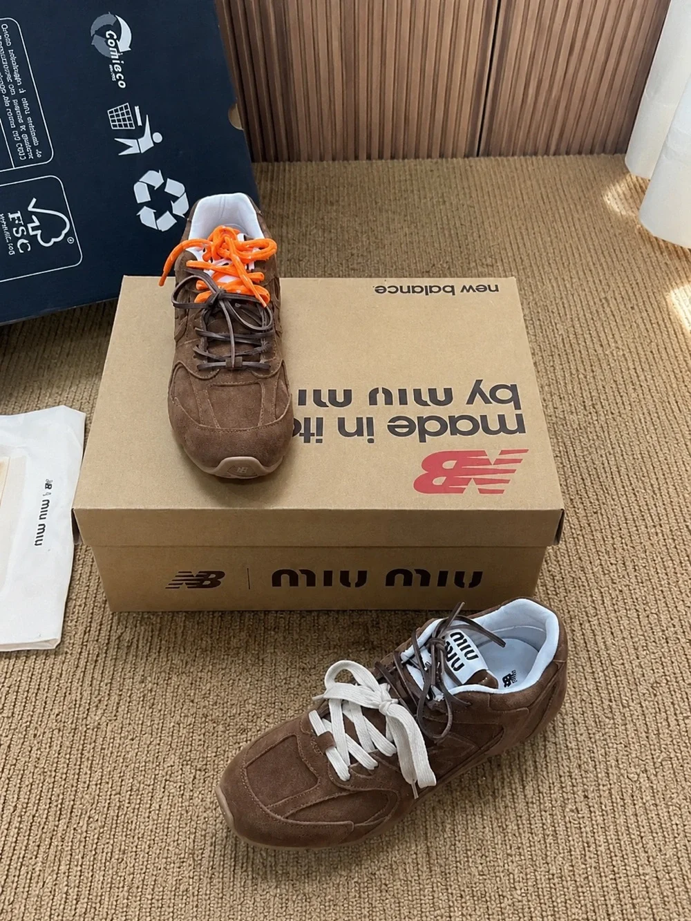 Miu Miu Brown Suede Men's Sneakers with Cream and Orange Laces